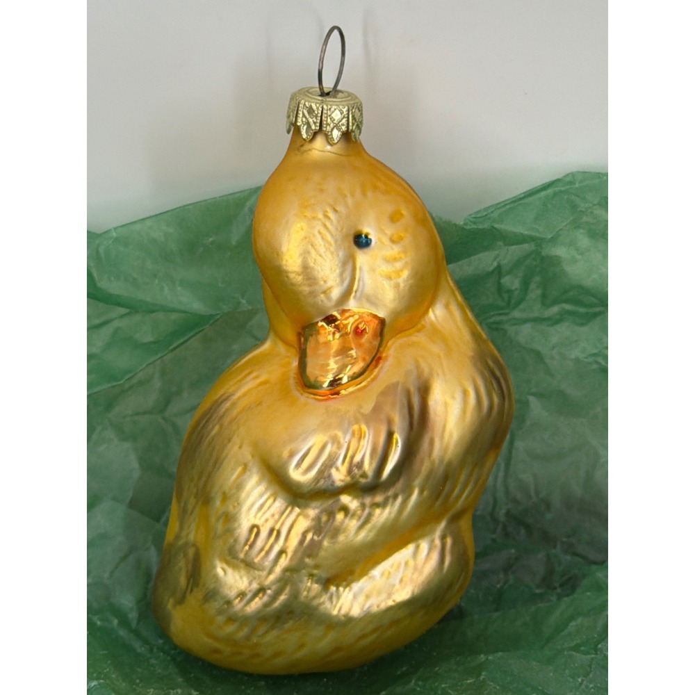 Vintage German Glass Duckling Christmas Ornament Gold Amber Luster Bird Figurine